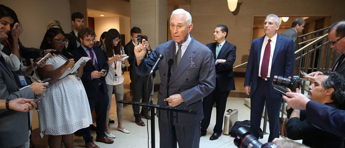WASHINGTON, DC - SEPTEMBER 26: Roger Stone, former confidant to President Trump speaks to the media after appearing before the House Intelligence Committee during a closed door hearing, September 26, 2017 in Washington, DC. The committee is investigating alleged Russian interference in the 2016 U.S. presidential election. (Photo by Mark Wilson/Getty Images)