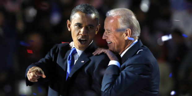 U.S. President Barack Obama gestures with Vice President Joe Biden after his election night victory speech in Chicago, November 6, 2012. REUTERS/Larry Downing (UNITED STATES - Tags: POLITICS TPX IMAGES OF THE DAY USA PRESIDENTIAL ELECTION ELECTIONS) - TB3E8B70K72TL