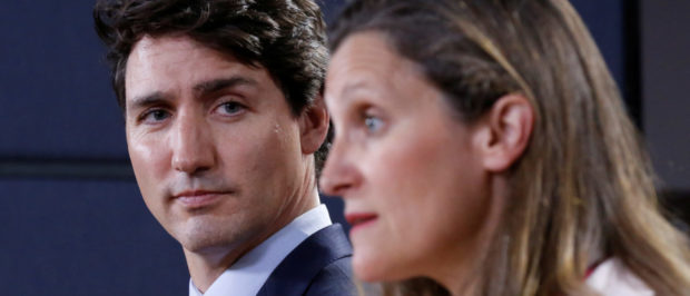 Canada's Prime Minister Justin Trudeau listens to Foreign Minister Chrystia Freeland during news conference in Ottawa, Ontario, Canada, May 31, 2018. REUTERS/Chris Wattie