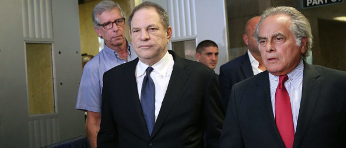 Harvey Weinstein (left) leaves State Supreme Court with his defense attorney Ben Brafman on Monday after pleading not guilty at an arraignment on charges that he committed a sex crime against a third woman on July 9, 2018 in New York City. The former movie producer was previously indicted on charges involving two women. Weinstein, 66, has been accused by dozens of other women of forcing them into sexual acts using both pressure and threats. Weinstein has denied all allegations of non-consensual sexual activity and is currently free after posting $1 million cash bail. (Photo by Spencer Platt/Getty Images)