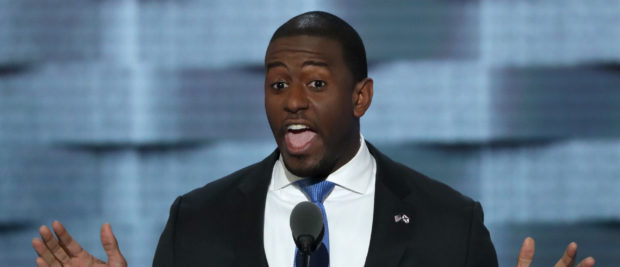 PHILADELPHIA, PA - JULY 27: Tallahassee Mayor Andrew Gillum (D-FL) delivers remarks on the third day of the Democratic National Convention at the Wells Fargo Center, July 27, 2016 in Philadelphia, Pennsylvania. Democratic presidential candidate Hillary Clinton received the number of votes needed to secure the party's nomination. An estimated 50,000 people are expected in Philadelphia, including hundreds of protesters and members of the media. The four-day Democratic National Convention kicked off July 25. (Photo by Alex Wong/Getty Images)