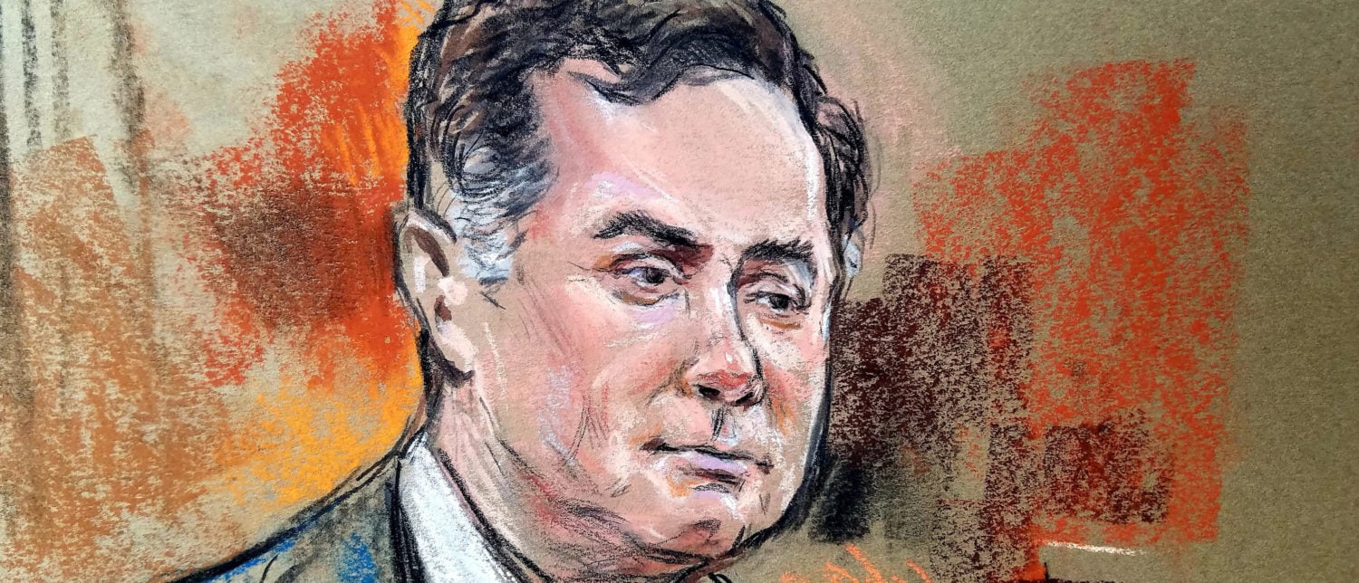 Former Trump campaign manager Paul Manafort is shown in a court room sketch, during a testimony of a longtime business associate Rick Gates (not shown), on the fifth day of his trial, on bank and tax fraud charges stemming from Special Counsel Robert Mueller's investigation into Russian meddling in the 2016 U.S. presidential election, in federal court in Alexandria, Virginia, U.S., August 6, 2018. Judge T.S. Ellis (rear C) looks on. REUTERS/Bill Hennessy