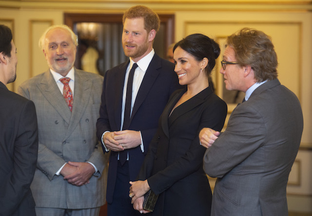Prince Harry, Duke of Sussex and Meghan, Duchess of Sussex speak with writer Lin Manuel Miranda and others from Sentibale as they attend a gala performance of "Hamilton" in support of Sentebale at Victoria Palace Theatre on August 29, 2018 in London, England. (Photo by Dan Charity - WPA Pool/Getty Images)