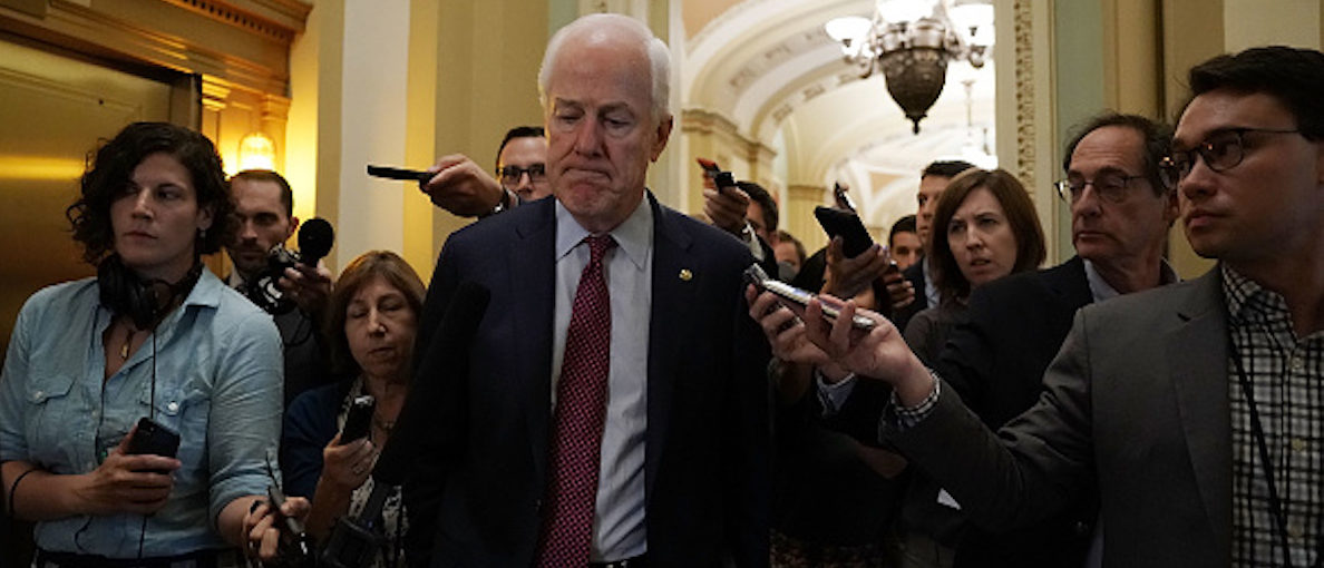 WASHINGTON, DC - AUGUST 21: U.S. Senate Majority Whip Sen. John Cornyn (R-TX) speaks to members of the media as he reacts on the verdict of the Manafort trial August 21, 2018 at the U.S. Capitol in Washington, DC. Former Trump campaign chairman Paul Manafort was found guilty on eight counts of bank and tax fraud as part of special counsel Robert Mueller's investigation into Russian interference in the 2016 presidential election. The jury was hung on 10 other counts. (Photo by Alex Wong/Getty Images)