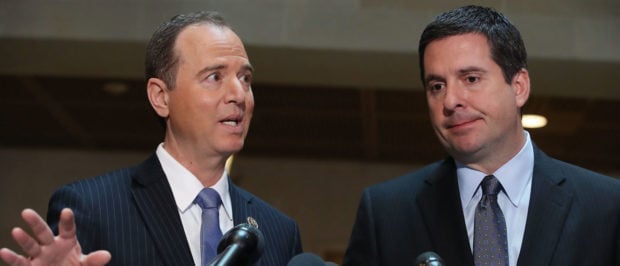 WASHINGTON, DC - MARCH 15: House Intelligence Committee Chairman Devin Nunes (R-CA) (R), and ranking member Rep. Adam Schiff (D-CA) speak to the media about Committee's investigation into Russian interference in the U.S. presidential election, at the U.S. Capitol on March 15, 2017 in Washington, DC. (Photo by Mark Wilson/Getty Images)