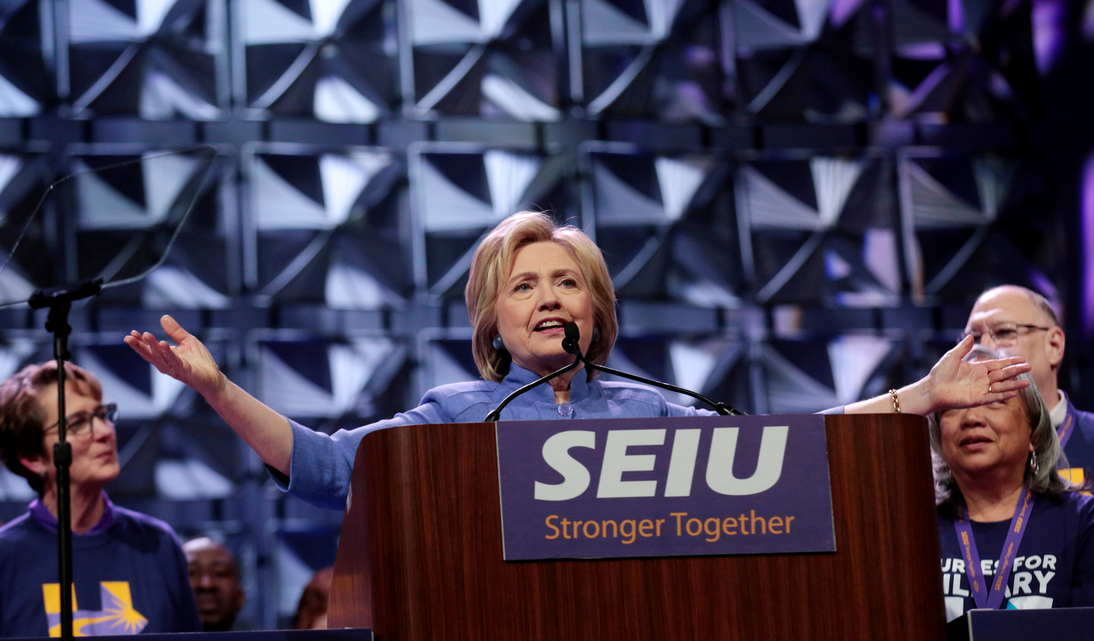 Democratic presidential candidate Hillary Clinton addresses Service Employees Union members at the union's 2016 International Convention in Detroit, Michigan, May 23, 2016. REUTERS/Rebecca Cook