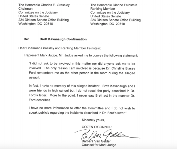 Mark Judge attorney submitted this letter to the Senate Judiciary Committee. (Screenshot)