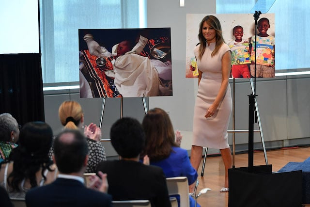 US First Lady Melania Trump hosts a reception for spouses of visiting heads of State and others at the US Mission to the United Nations in New York on September 26, 2018. (Photo credit :MANDEL NGAN/AFP/Getty Images)