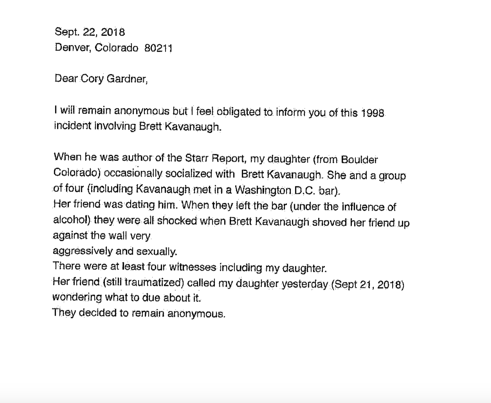 An anonymous letter alleges Judge Brett Kavanaugh assaulted a woman in 1998. (Screenshot)