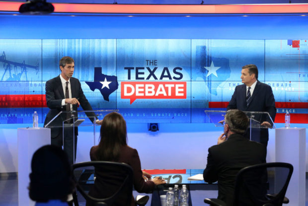 SAN ANTONIO, TX - OCTOBER 15: U.S. Rep. Beto O'Rourke (D-TX) (L) and U.S. Sen. Ted Cruz (R-TX) face off in a debate at the KENS 5 studios on October 16, 2018 in San Antonio, Texas. A recent poll show Cruz leading O'Rourke 52-45 percent among likely voters. (Photo by Tom Reel-Pool/Getty Images)