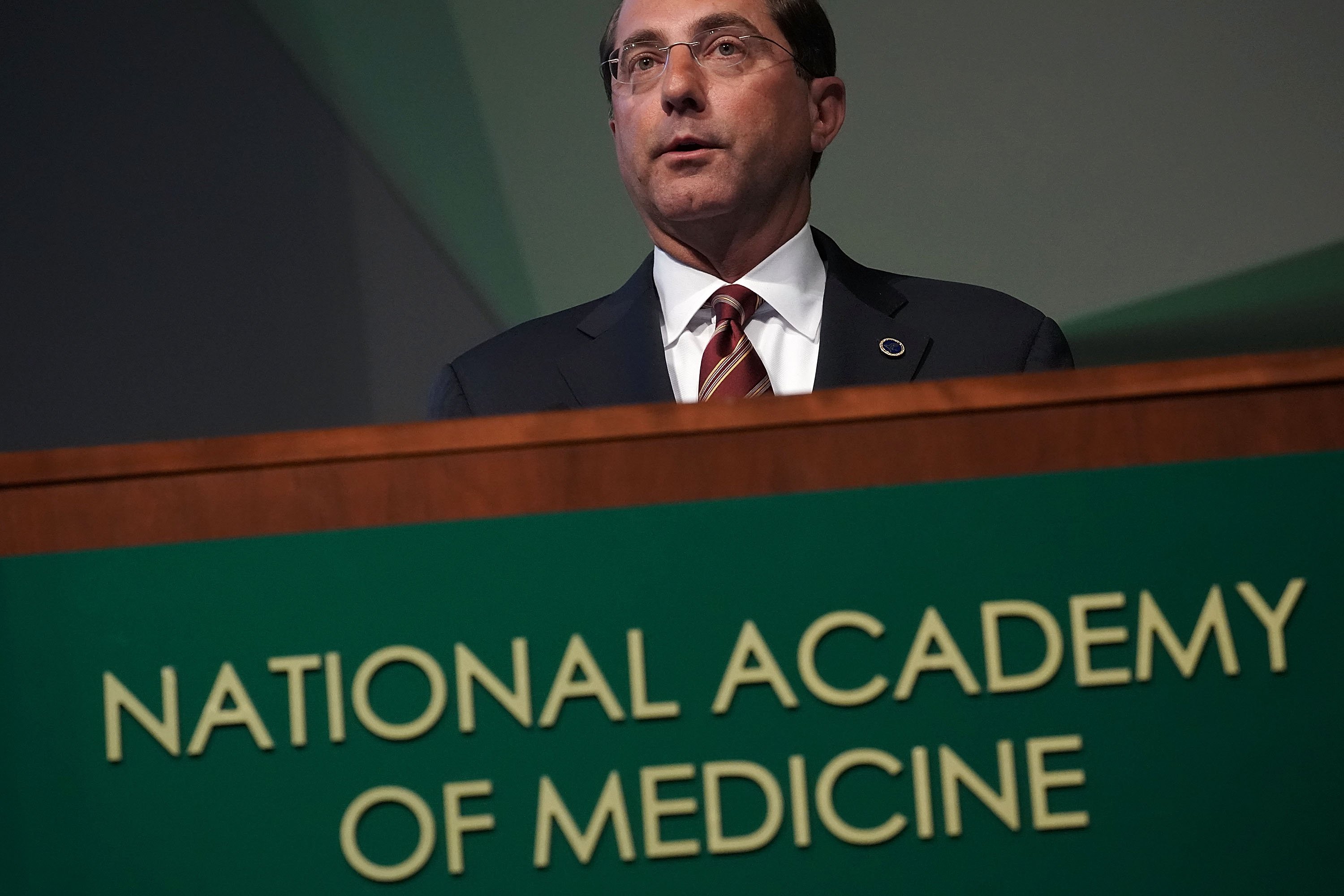 U.S. Secretary of Health and Human Services Alex Azar speaks on prescription drugs for the market during the 2018 National Academy of Medicine Annual Meeting October 15, 2018 at the National Academy of Sciences in Washington, DC. Alex Wong/Getty Images