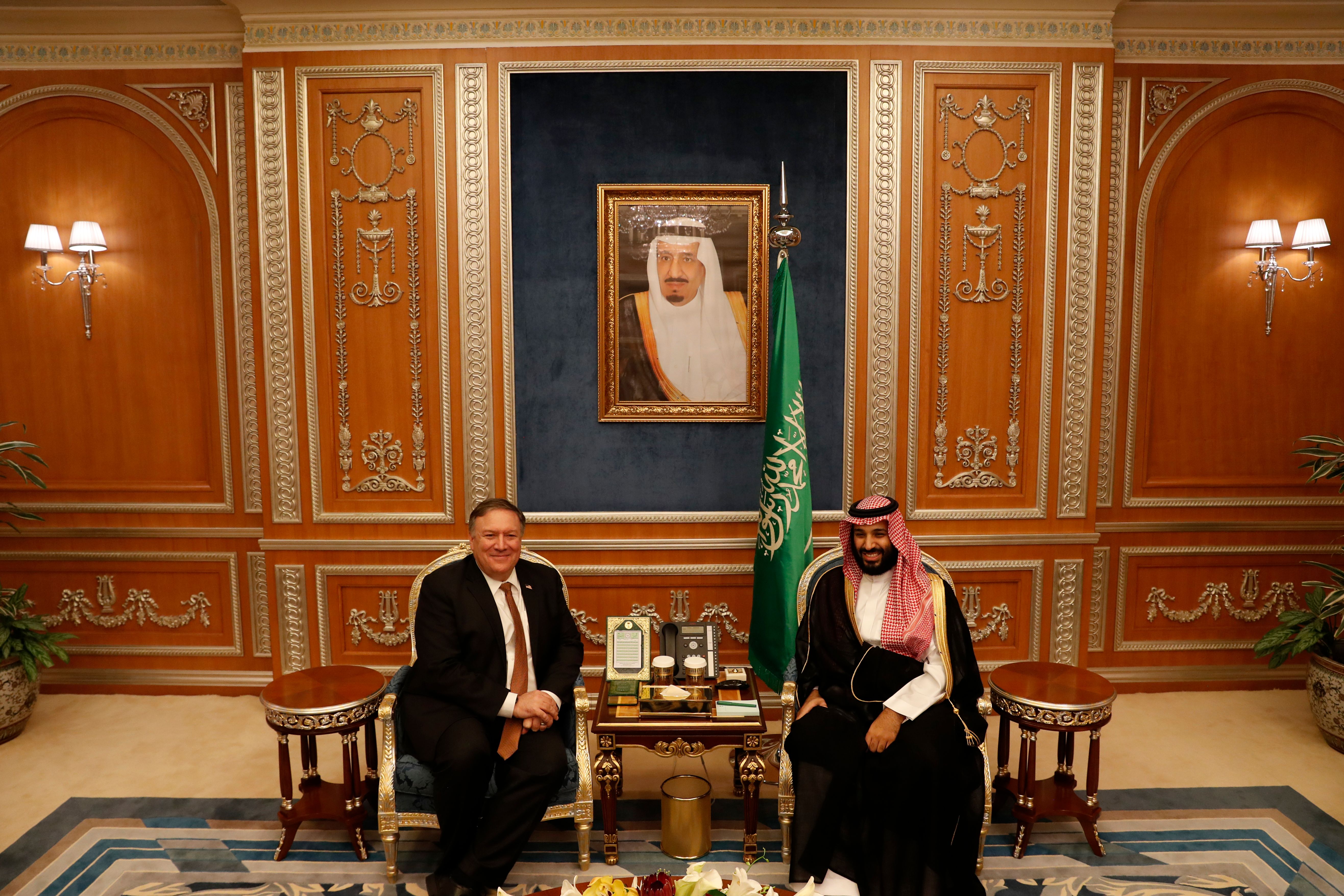 US Secretary of State Mike Pompeo (L) meets with Saudi Crown Prince Mohammed bin Salman in Riyadh, on October 16, 2018. - Pompeo held talks with Saudi King Salman seeking answers about the disappearance of journalist Jamal Khashoggi, amid US media reports the kingdom may be mulling an admission he died during a botched interrogation. (Photo by LEAH MILLIS / POOL / AFP) (Photo credit should read LEAH MILLIS/AFP/Getty Images)