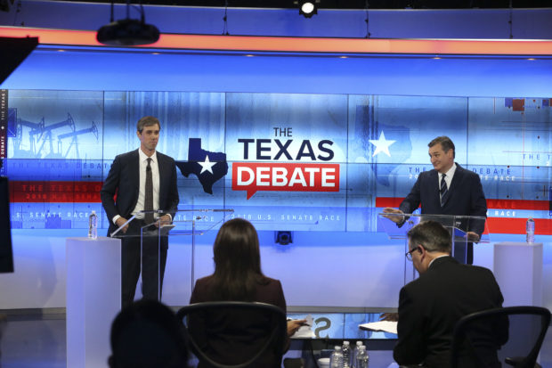 U.S. Rep. Beto O'Rourke (D-TX) and U.S. Sen. Ted Cruz (R-TX) face off in a debate at the KENS 5 studios on October 16, 2018 in San Antonio, Texas. A recent poll show Cruz leading O'Rourke 52-45 percent among likely voters. Tom Reel-Pool/Getty Images
