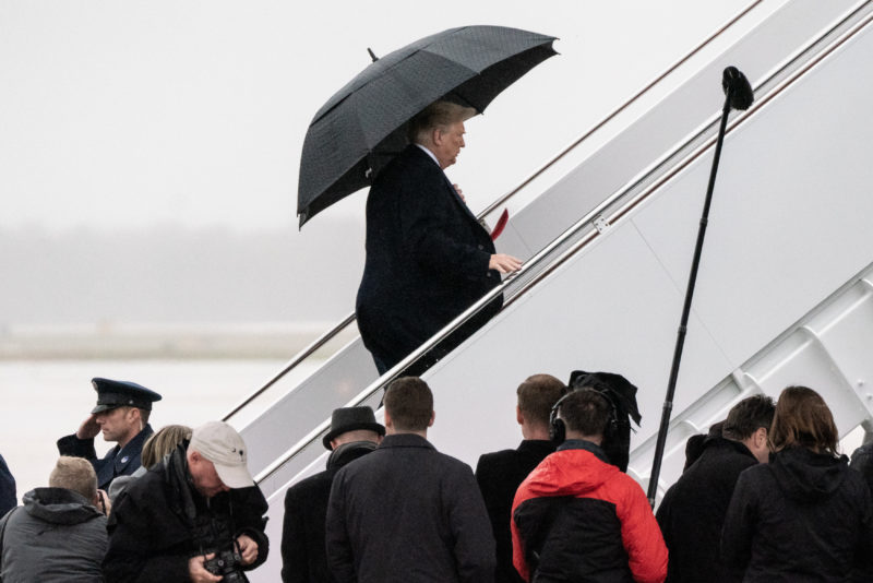 U.S. President Donald Trump boards Air Force One at Andrews Air Force Base on his way to Indianapolis, Indiana on October 27, 2018 in Maryland. Trump spoke to reporters about the fatal shooting at the Tree of Life Synagogue in the Squirrel Hill neighborhood of Pittsburgh, and will have more to say at the Future Farmers of America in Indiana. Ken Cedeno-Pool/Getty Images