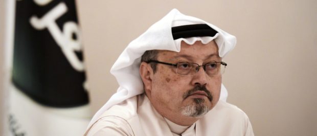 A general manager of Alarab TV, Jamal Khashoggi, looks on during a press conference in the Bahraini capital Manama, on December 15, 2014. The pan-Arab satellite news broadcaster owned by billionaire Saudi businessman Alwaleed bin Talal will go on air February 1, promising to "break the mould" in a crowded field.AFP PHOTO/ MOHAMMED AL-SHAIKH (Photo credit should read MOHAMMED AL-SHAIKH/AFP/Getty Images)