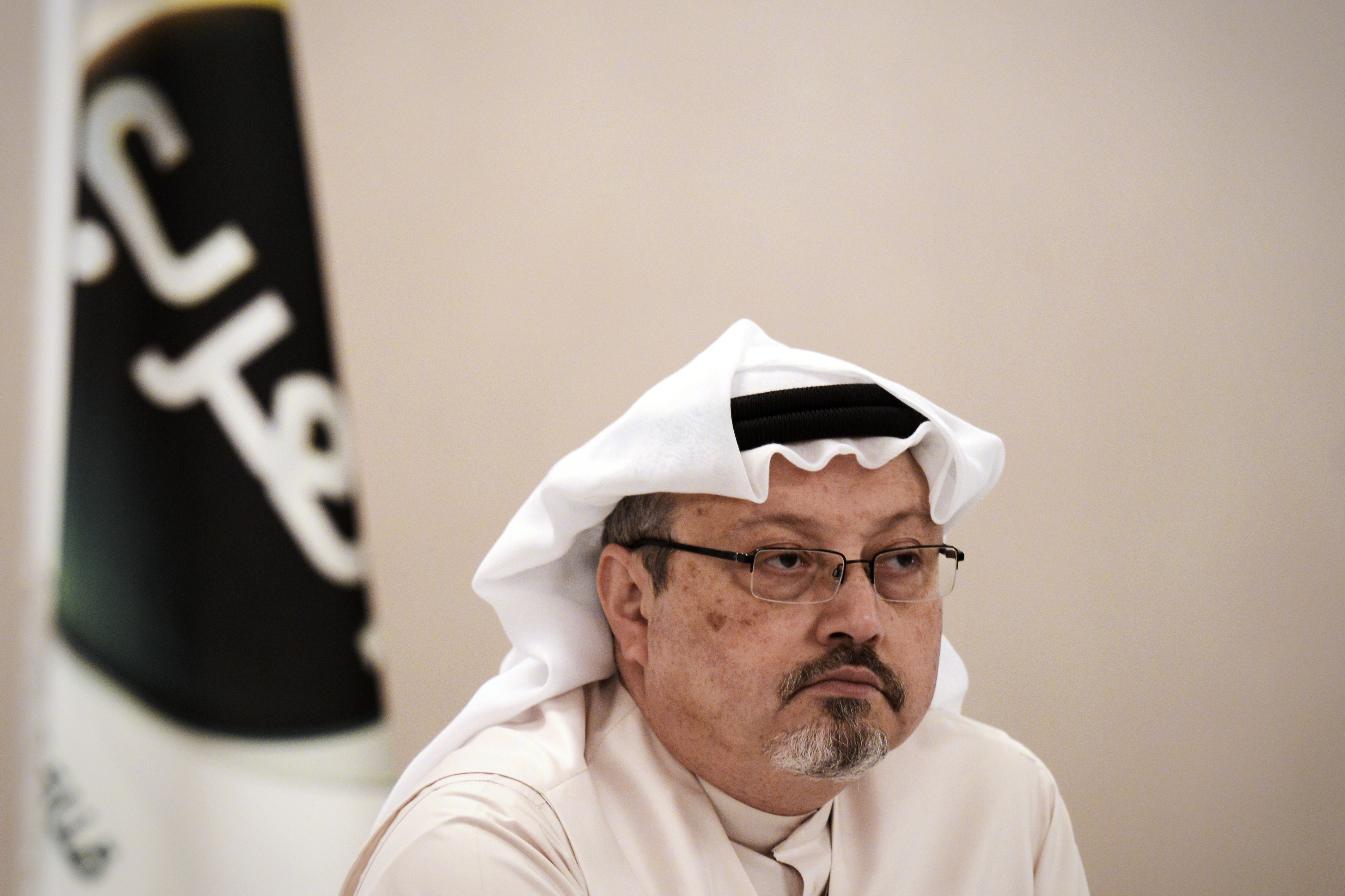 A general manager of Alarab TV, Jamal Khashoggi, looks on during a press conference in the Bahraini capital Manama, on December 15, 2014. The pan-Arab satellite news broadcaster owned by billionaire Saudi businessman Alwaleed bin Talal will go on air February 1, promising to "break the mould" in a crowded field.AFP PHOTO/ MOHAMMED AL-SHAIKH (Photo credit should read MOHAMMED AL-SHAIKH/AFP/Getty Images)