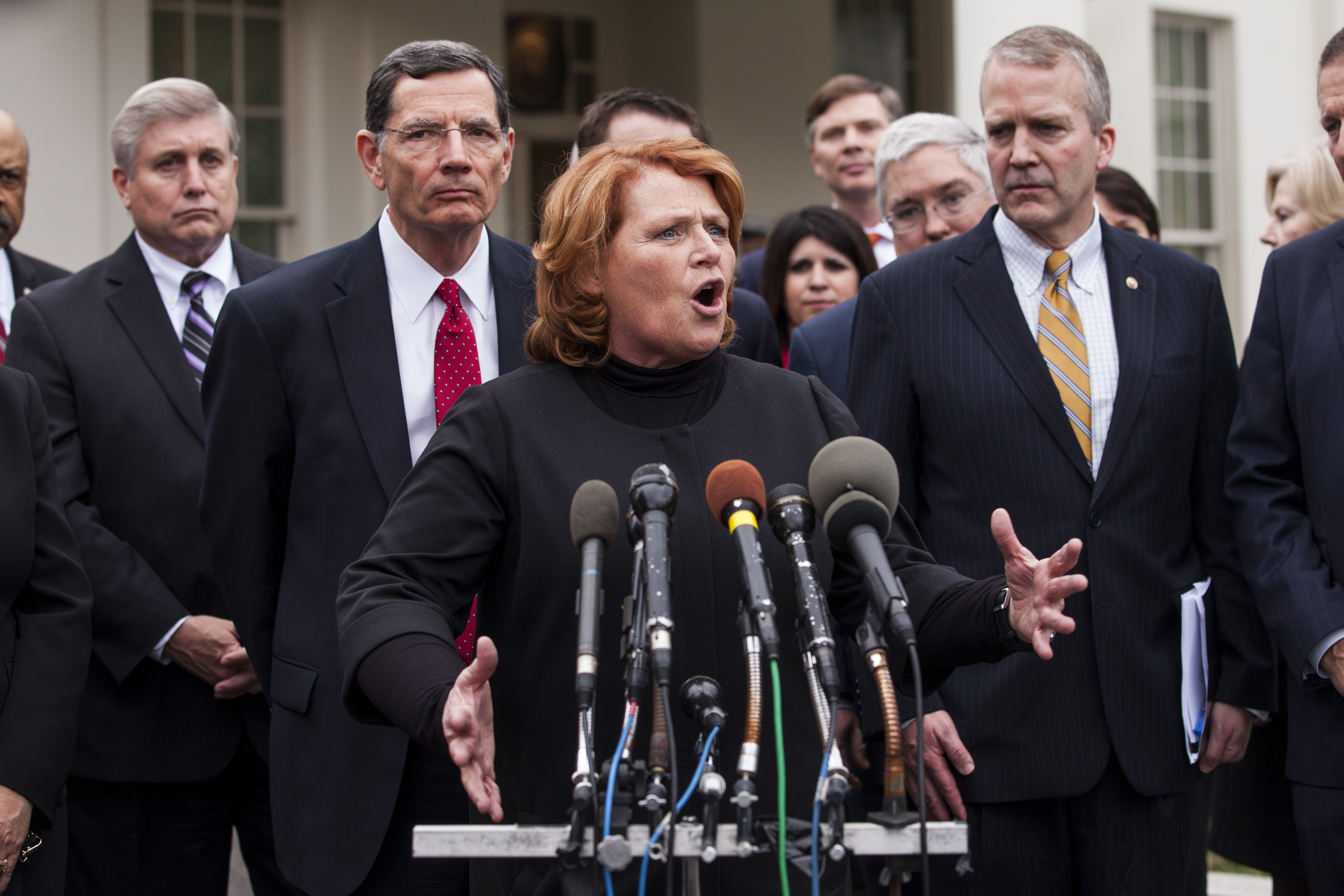 WASHINGTON, D.C. - FEBRUARY 28: Sen. Heidi Heitkamp (D-ND) speaks to the press after President Trump signed an executive order aimed at undoing former President Barack Obama's Clean Water Rule at The White House on February 28, 2017 in Washington, D.C. (Photo by Zach Gibson/Getty Images)