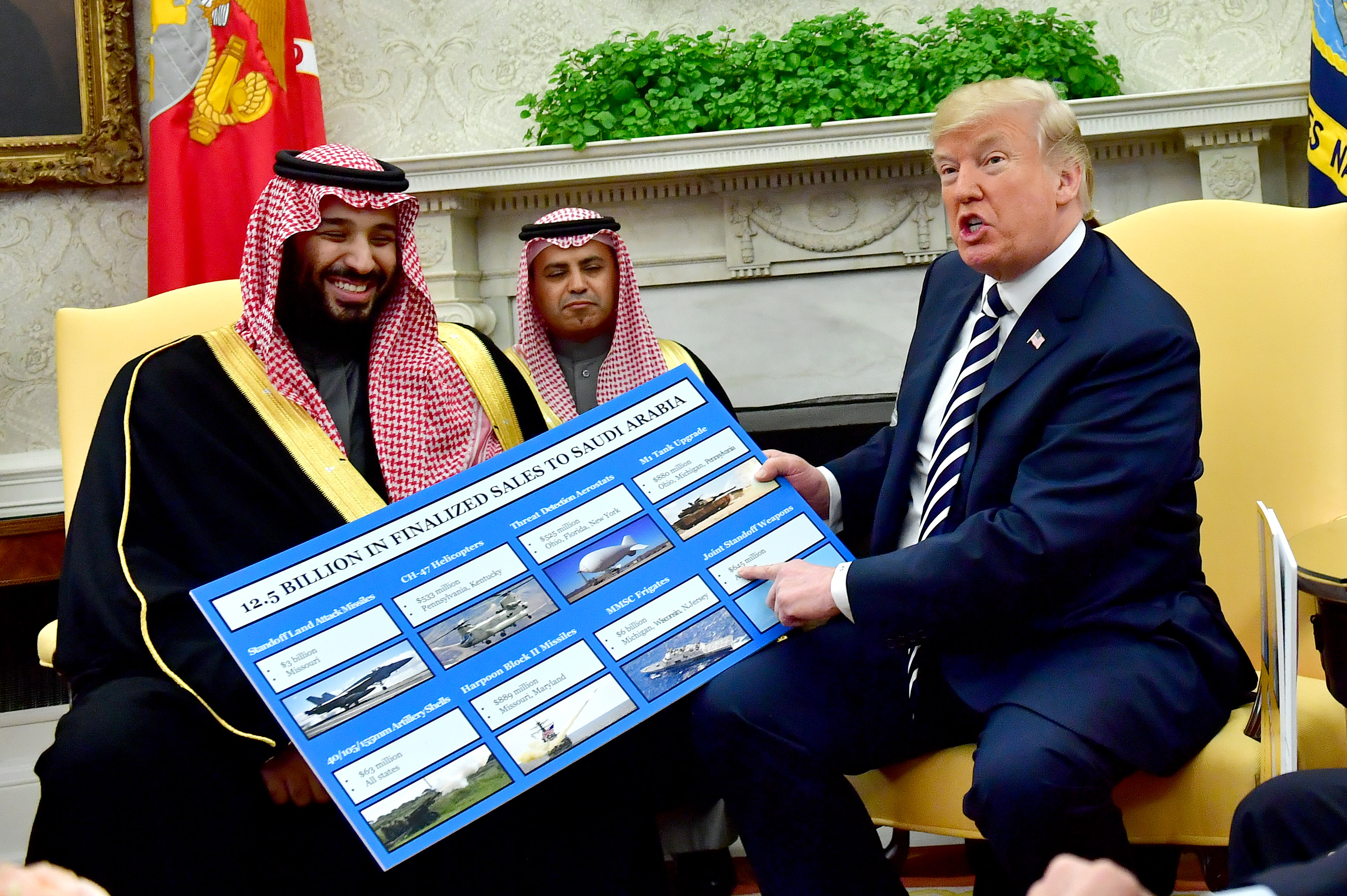 President Donald Trump (R) holds up a chart of military hardware sales as he meets with Crown Prince Mohammed bin Salman of the Kingdom of Saudi Arabia in the Oval Office at the White House on March 20, 2018 in Washington, D.C. Kevin Dietsch-Pool/Getty Images