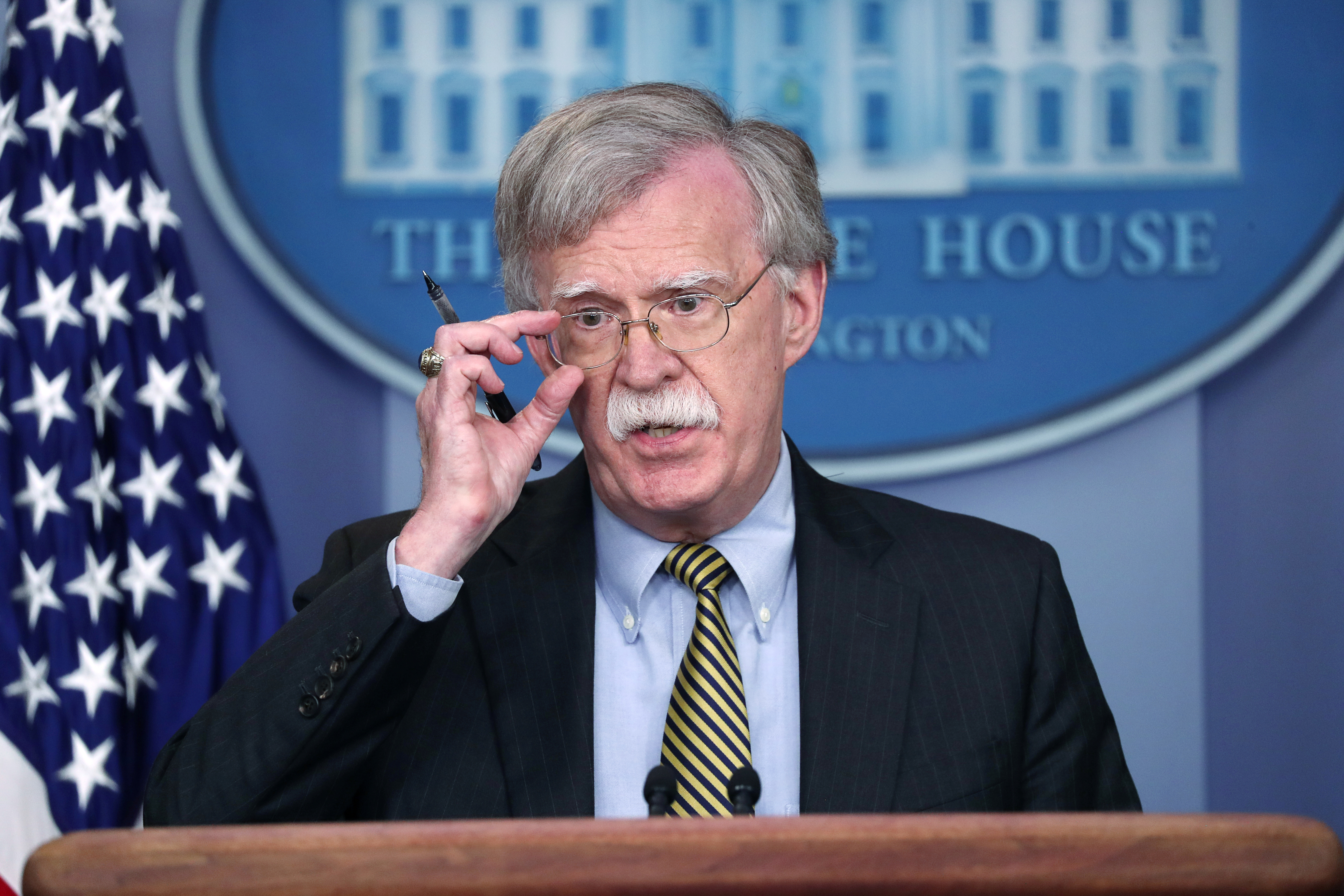 U.S. National Security Advisor Bolton speaks to reporters about Iran in the White House briefing room in Washington