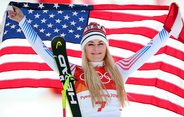 Bronze medallist Lindsey Vonn of the United States celebrates during the victory ceremony for the Ladies' Downhill on day 12 of the PyeongChang 2018 Winter Olympic Games at Jeongseon Alpine Centre on February 21, 2018 in Pyeongchang-gun, South Korea. (Photo by Tom Pennington/Getty Images)