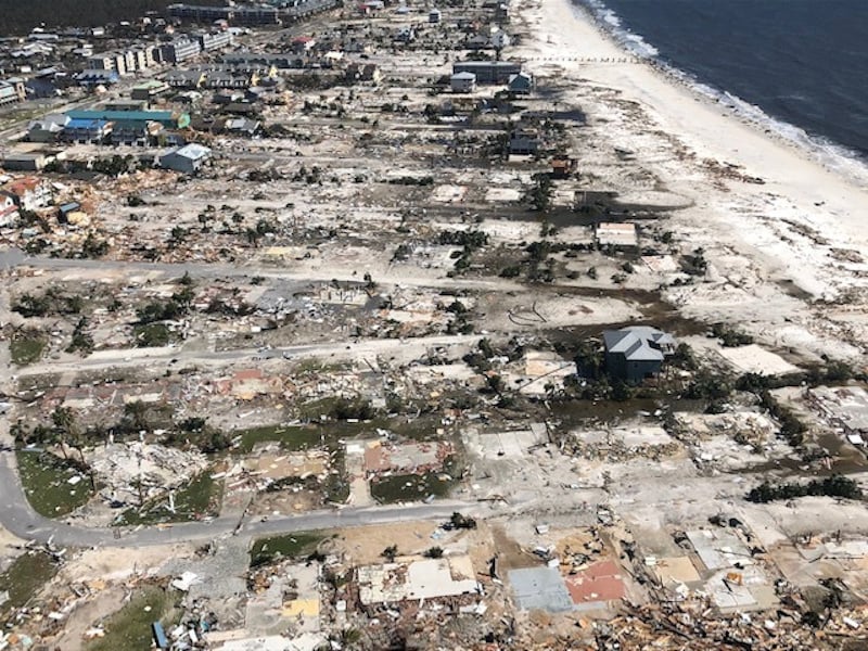 Damaged and destroyed buildings are seen in an aerial photograph, taken during a post-Hurricane Michael flight by a U.S. Coast Guard MH-65 helicopter over Mexico Beach, Florida, October 11, 2018. U.S. Coast Guard/Petty Officer 1st Class Colin Hunt/Handout via REUTERS