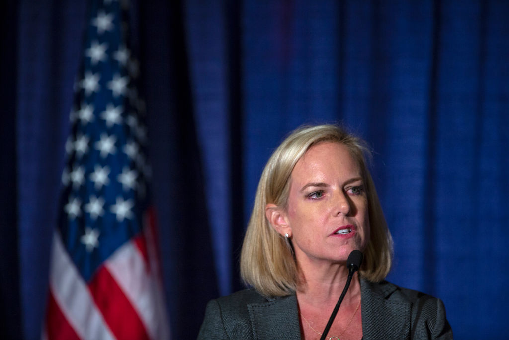 WASHINGTON, DC - OCTOBER 09: Homeland Security Secretary Kirstjen Nielsen speaks at The Association Of The U.S. Army Annual Meeting on October 9, 2018 in Washington, DC. (Tasos Katopodis/Getty Images)