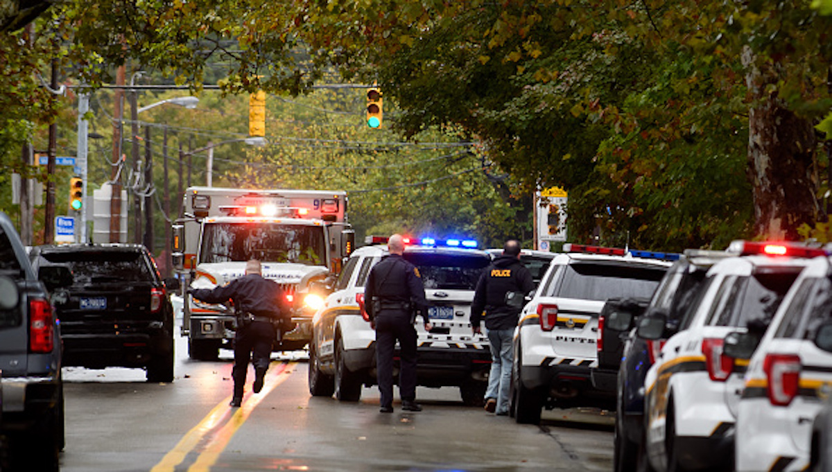 PITTSBURGH, PA - OCTOBER 27: Police rapid response team members respond to the site of a mass shooting at the Tree of Life Synagogue in the Squirrel Hill neighborhood on October 27, 2018 in Pittsburgh, Pennsylvania. According to reports, at least 12 people were shot, 4 dead and three police officers hurt during the incident. The shooter surrendered to authorities and was taken into custody. (Photo by Jeff Swensen/Getty Images)