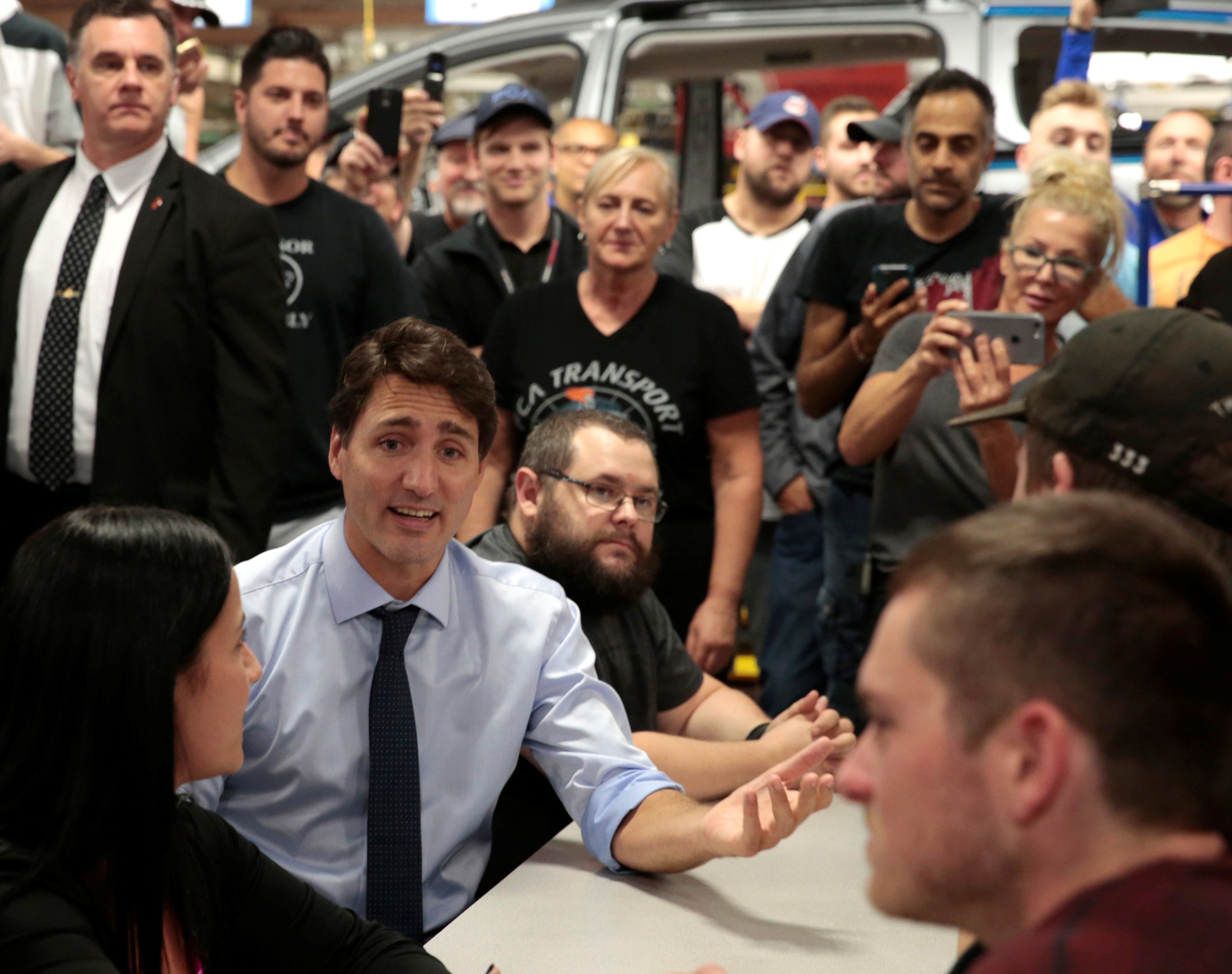 Canadian PM Trudeau meets with assembly workers at the FCA Windsor Assembly plant in Windsor, Ontario