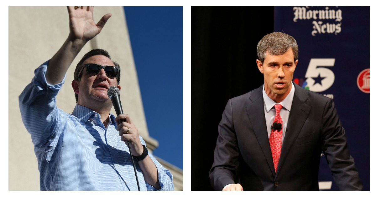 LEFT: Republican presidential candidate, Sen. Ted Cruz (R-TX) speaks at a rally on February 21, 2016 in Pahrump, Nevada. Cruz is campaigning in Nevada for the Republican presidential nomination ahead of the state's February 23 Republican caucuses. (Ethan Miller/Getty Images) RIGHT: Republican U.S. Senator Ted Cruz and Democratic U.S. Representative Beto O'Rourke in their first debate for Texas U.S. Senate in McFarlin Auditorium at SMU on September 21, 2018 in Dallas, Texas. (Nathan Hunsinger-Pool/Getty Images)