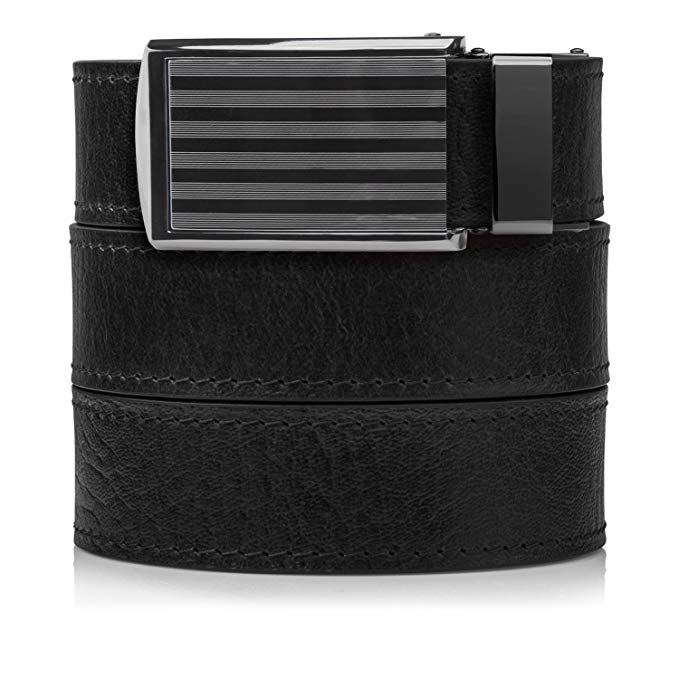 For $65, this leather ratchet belt will fasten your pants at whatever position is most comfortable--forget the holes! (Photo via Amazon)