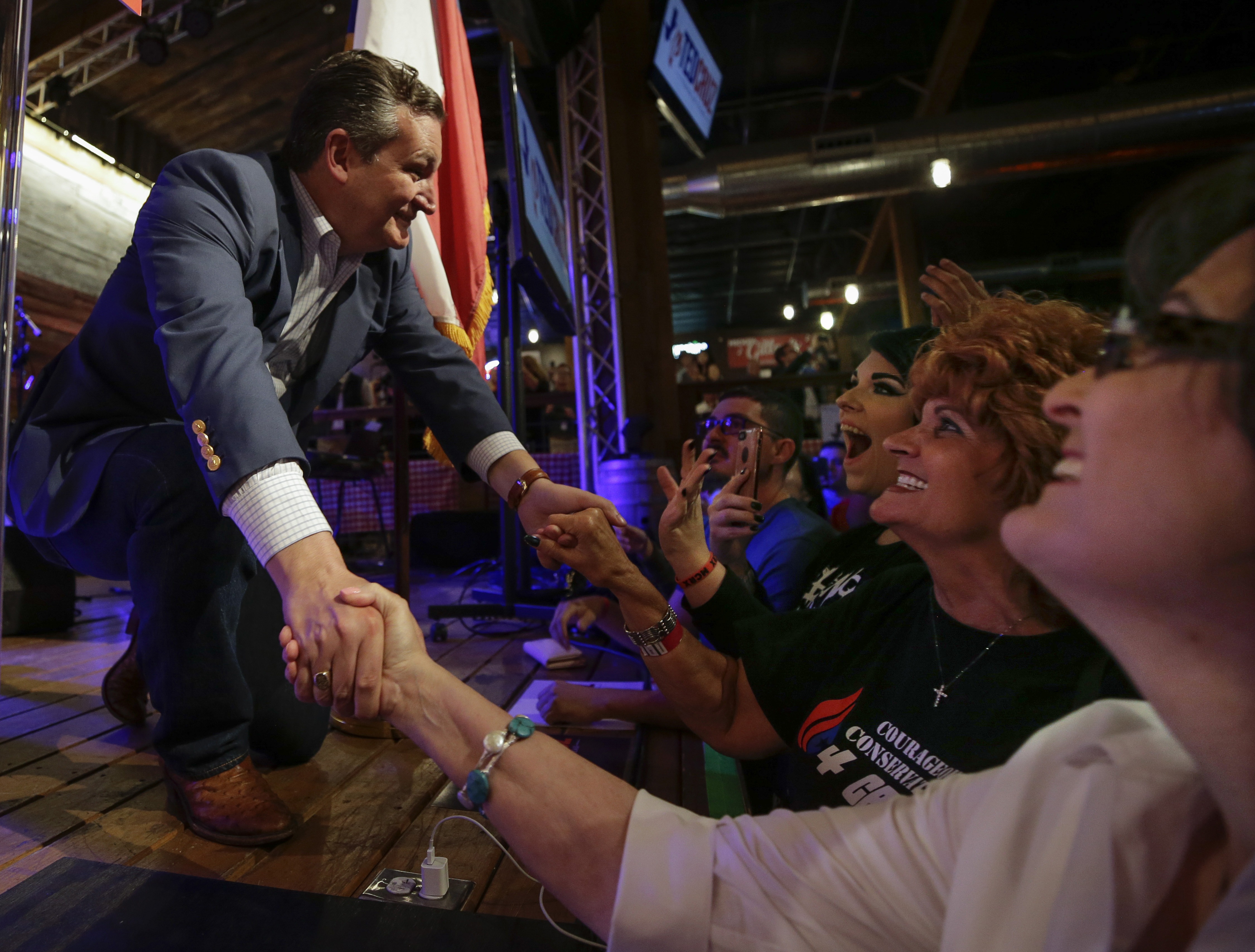 STAFFORD, TX - APRIL 2: Sen. Ted Cruz (R-TX) shakes hands with supporters during a rally to launch his re-election campaign at the Redneck Country Club on April 2, 2018 in Stafford, Texas. Cruz is defending his bid for a second term as Texas' junior senator against Democratic U.S. Rep. Beto O'Rourke. (Photo by Erich Schlegel/Getty Images)