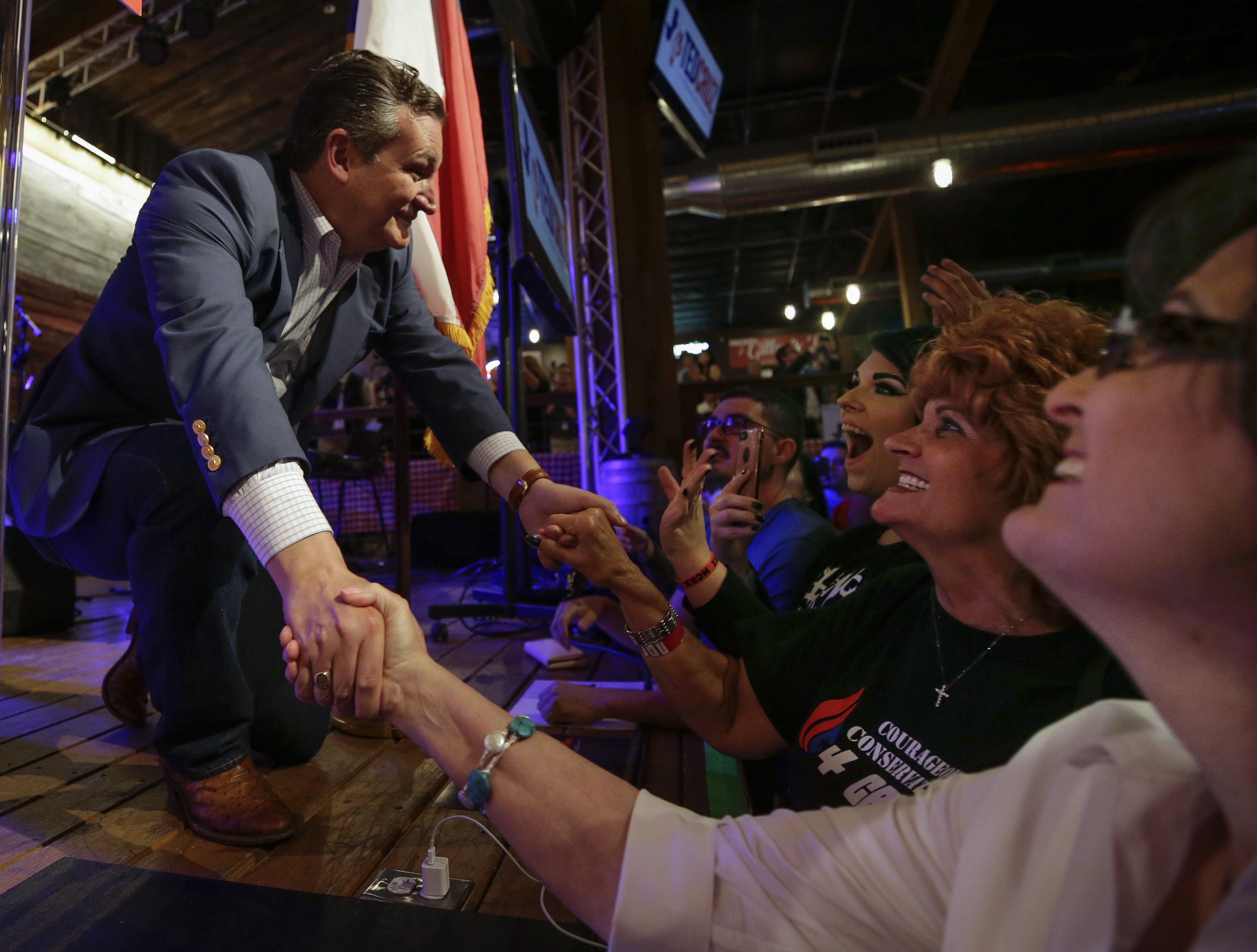 Sen. Ted Cruz (R-TX) shakes hands with supporters during a rally to launch his re-election campaign at the Redneck Country Club on April 2, 2018 in Stafford, Texas. Cruz is defending his bid for a second term as Texas' junior senator against Democratic U.S. Rep. Beto O'Rourke. (Erich Schlegel/Getty Images)