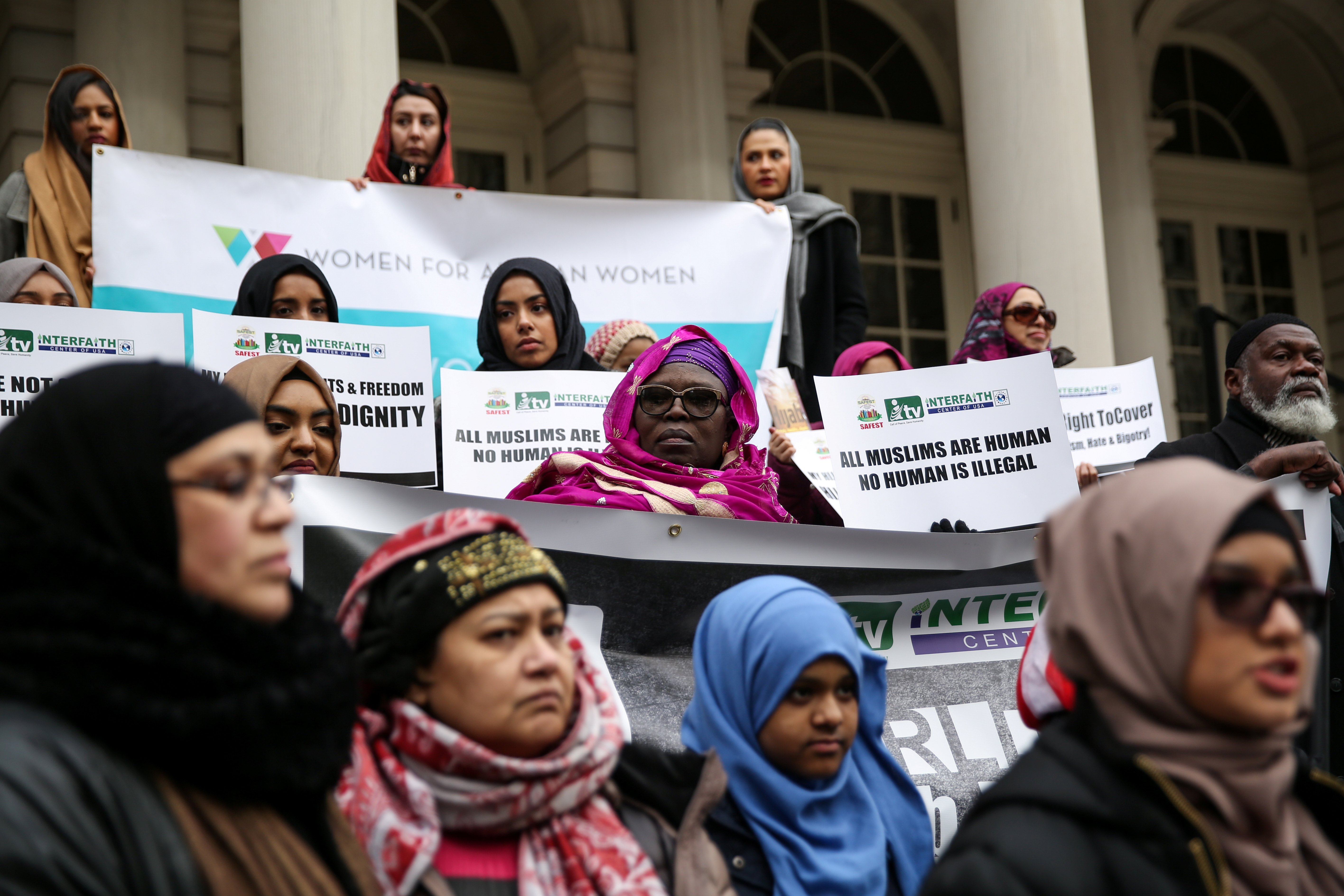 Muslim American women take part in a World Hijab Day rally held in front of New York City Hall in Manhattan, New York, U.S., February 1, 2018. REUTERS/Amr Alfiky