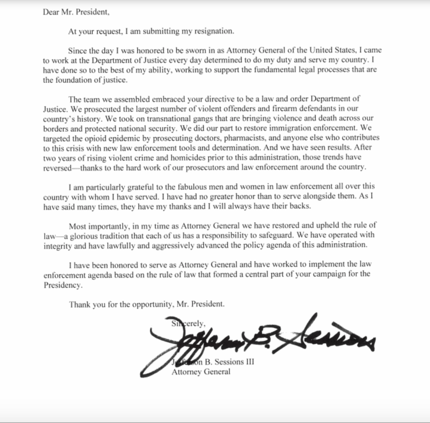 Attorney General Jeff Sessions' resignation letter (Screenshot)