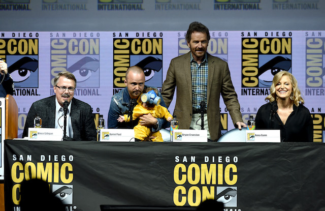 Vince Gilligan, Aaron Paul, Bryan Cranston, and Anna Gunn speak onstage during the "Breaking Bad" 10th Anniversary Celebration during Comic-Con International 2018 at San Diego Convention Center on July 19, 2018 in San Diego, California. (Photo by Kevin Winter/Getty Images)