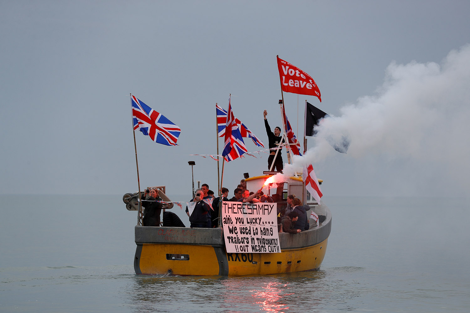 British fishermen stage a "Fishing for Leave" protest against Prime Minister Theresa May’s Brexit transition deal, in Hastings, England, April 8, 2018. REUTERS/Peter Nicholls/File Photo
