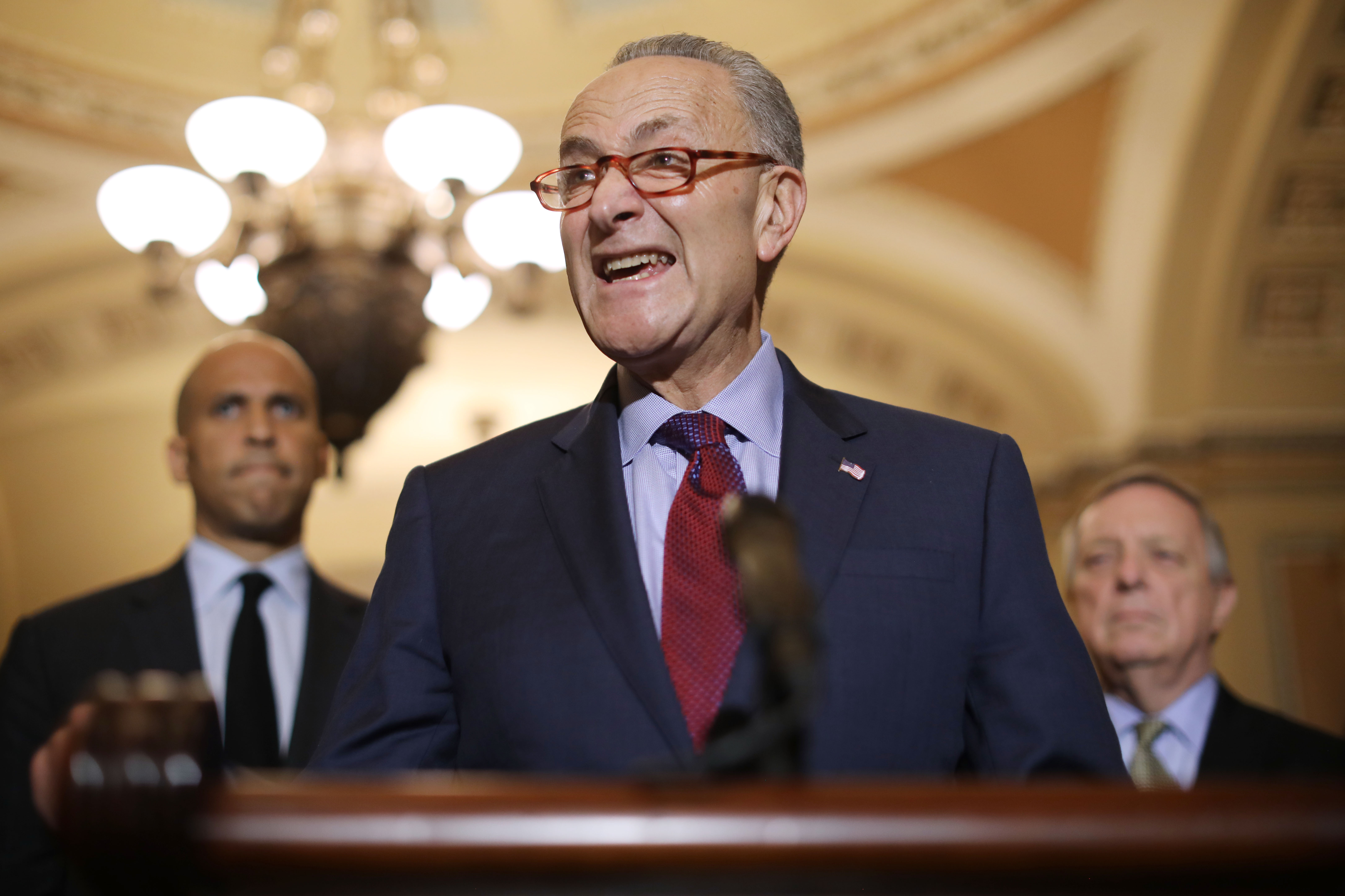 Senate Minority Leader Charles Schumer (D-NY) (C) talks to reporters with Sen. Cory Booker (D-NJ) (L) and Sen. Richard Durbin (D-IL) following the weekly Senate Democratic policy luncheon at the U.S. Capitol October 02, 2018 in Washington, DC. (Chip Somodevilla/Getty Images)