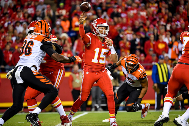 Patrick Mahomes #15 of the Kansas City Chiefs throws a pass during the first quarter of the game against the Cincinnati Bengals at Arrowhead Stadium on October 21, 2018 in Kansas City, Kansas. (Photo by Peter Aiken/Getty Images)
