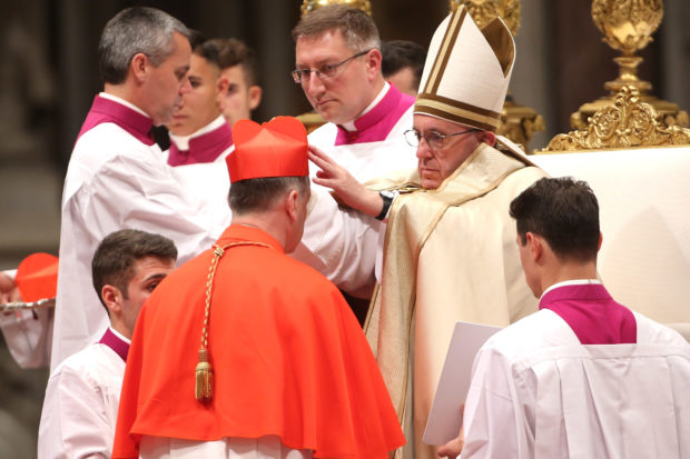 VATICAN CITY, VATICAN - NOVEMBER 19: Pope Francis appoints new cardinal Archbishop of Chicago Blase J. Cupich during the Ordinary Public Consistory at St. Peter's Basilica on November 19, 2016 in Vatican City, Vatican. Thirteen of the new Cardinals will be under 80 years and will be eligible to vote in a conclave. (Photo by Franco Origlia/Getty Images)