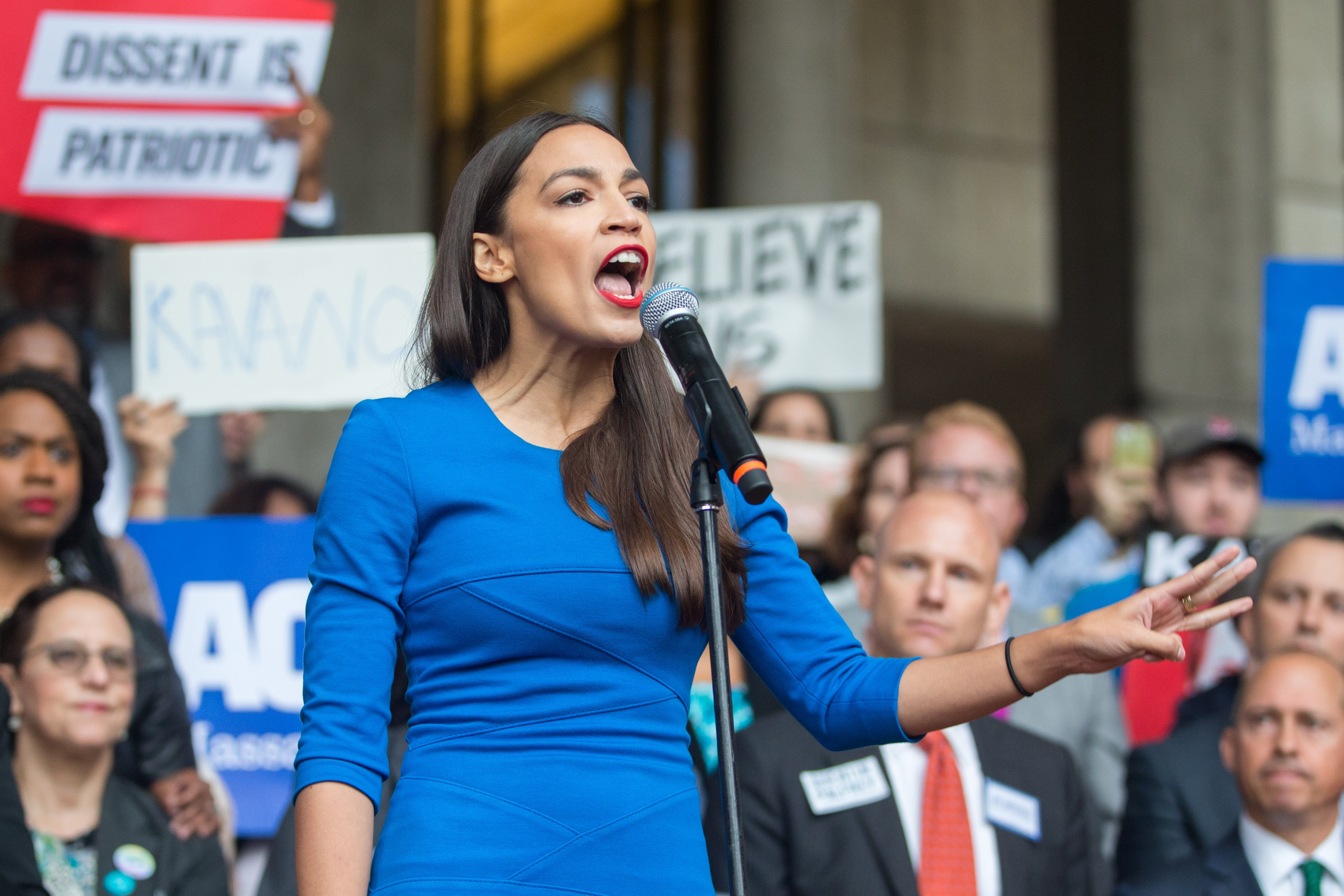 BOSTON, MA - OCTOBER 01: New York Democratic congressional candidate Alexandria Ocasio-Cortez speaks at a rally calling on Sen. Jeff Flake (R-AZ) to reject Judge Brett Kavanaugh's nomination to the Supreme Court on October 1, 2018 in Boston, Massachusetts. Sen. Flake is scheduled to give a talk at the Forbes 30 under 30 event in Boston after recently calling for a one week pause in the confirmation process to give the FBI more time to investigate sexual assault allegations. (Photo by Scott Eisen/Getty Images)