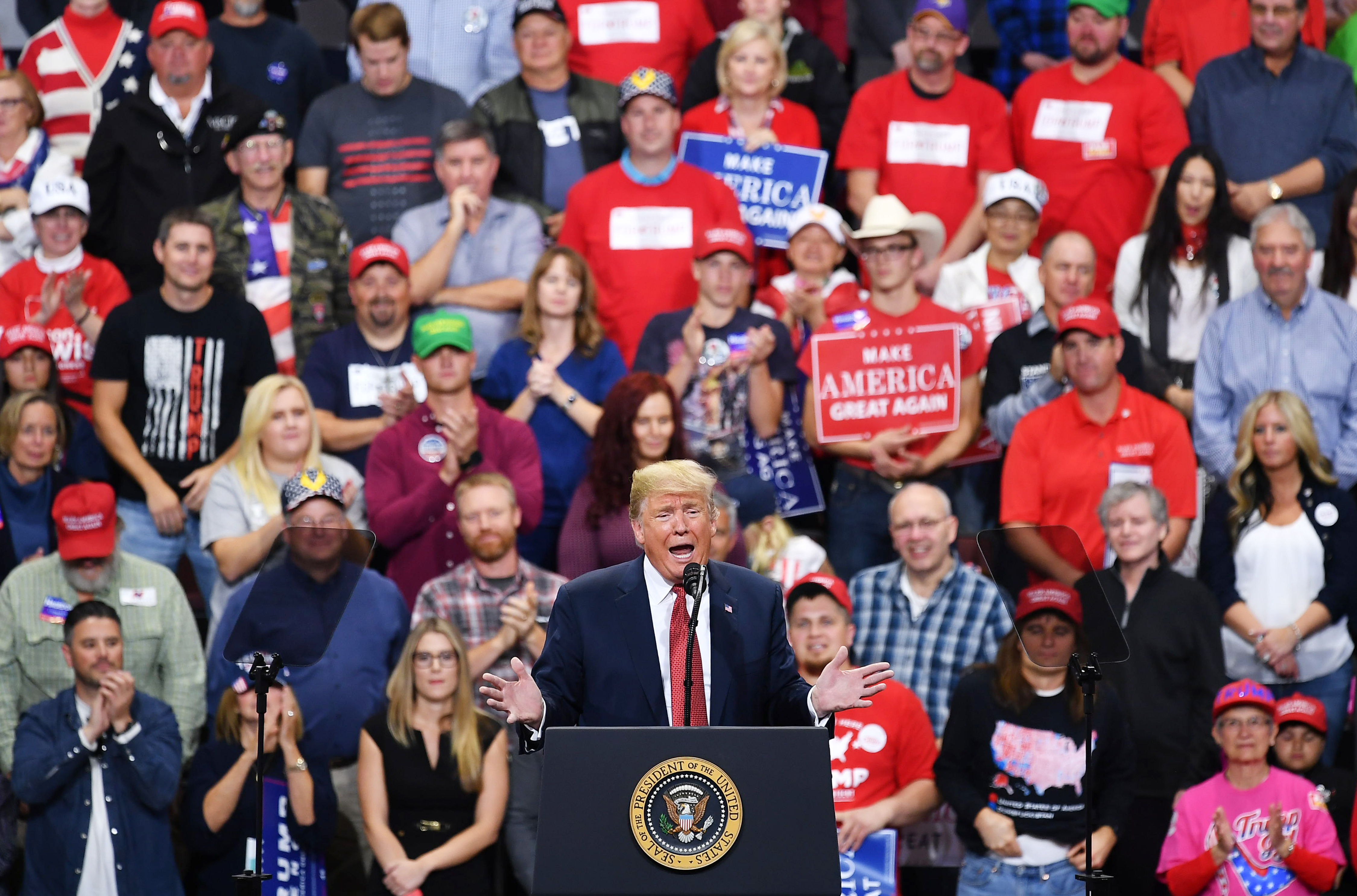 US President Donald Trump speaks during a rally at the Mayo Civic Center in Rochester, Minnesota on October 4, 2018. MANDEL NGAN/AFP/Getty Images