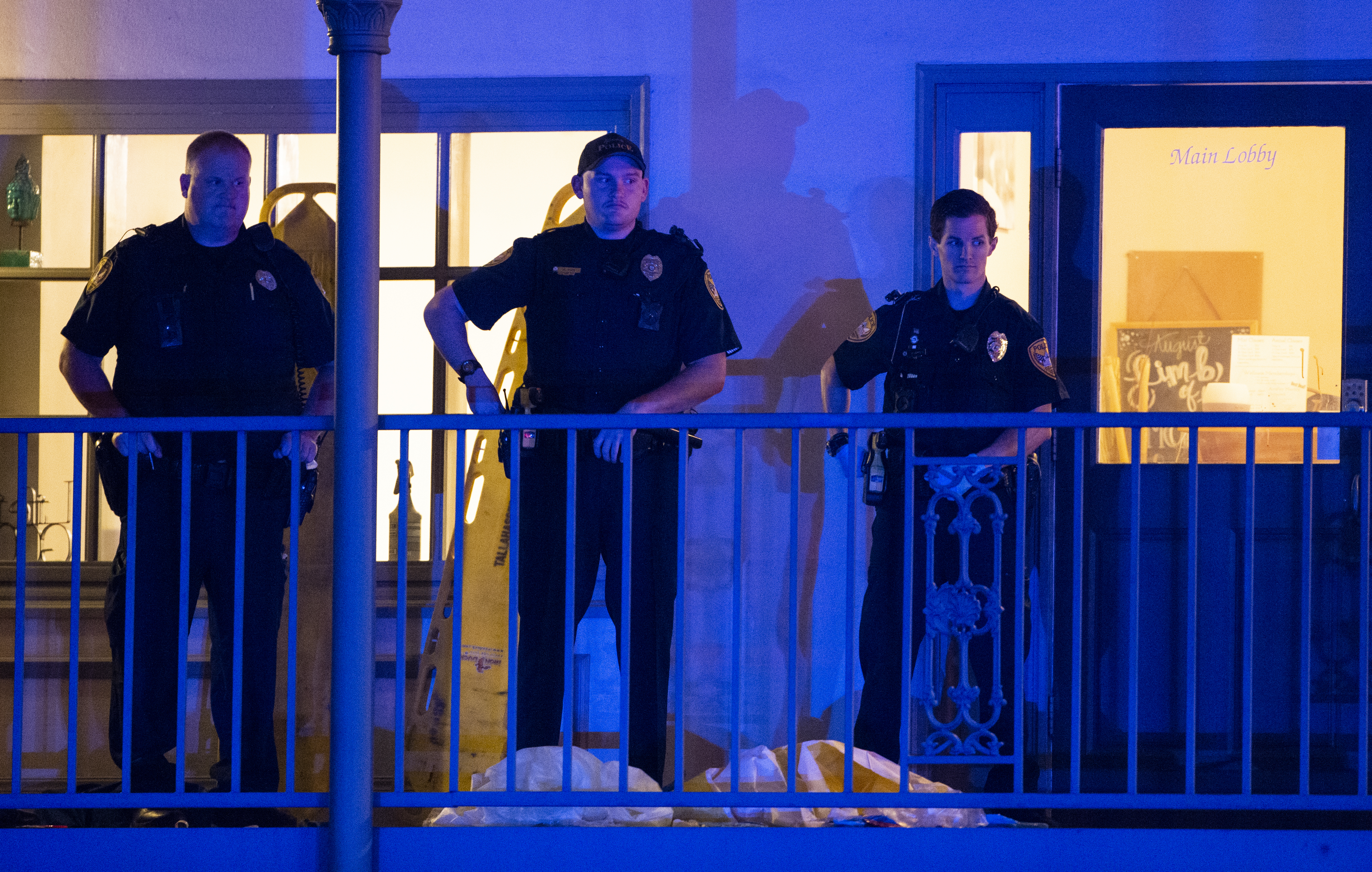 Tallahassee Police officers are stationed outside the HotYoga Studio after a gunman killed one person and injured several others inside on November 2, 2018 in Tallahassee, Florida. Mark Wallheiser/Getty Images