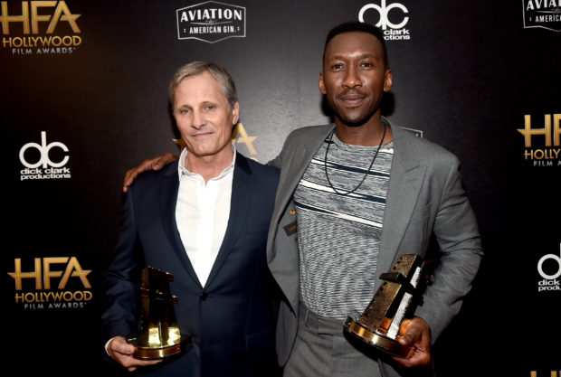 BEVERLY HILLS, CA - NOVEMBER 04: Viggo Mortensen (L) and Mahershala Ali, recipients of the Hollywood Ensemble Award, pose in the press room during the 22nd Annual Hollywood Film Awards at The Beverly Hilton Hotel on November 4, 2018 in Beverly Hills, California. (Photo by Alberto E. Rodriguez/Getty Images for HFA)