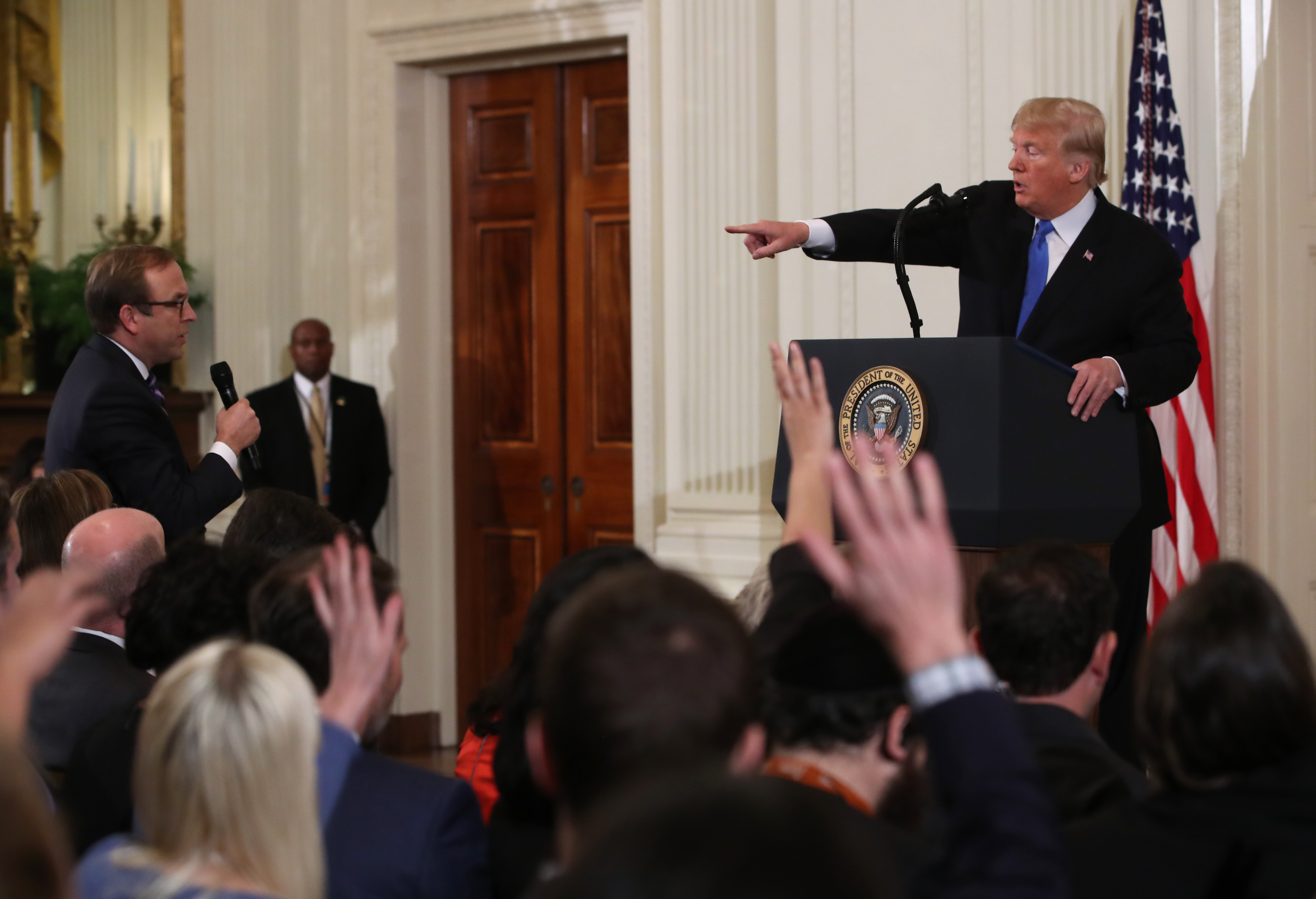 WASHINGTON, DC - NOVEMBER 07: U.S. President Donald Trump answers questions after giving remarks a day after the midterm elections on November 7, 2018 in the East Room of the White House in Washington, DC. Republicans kept the Senate majority but lost control of the House to the Democrats. (Photo by Mark Wilson/Getty Images)