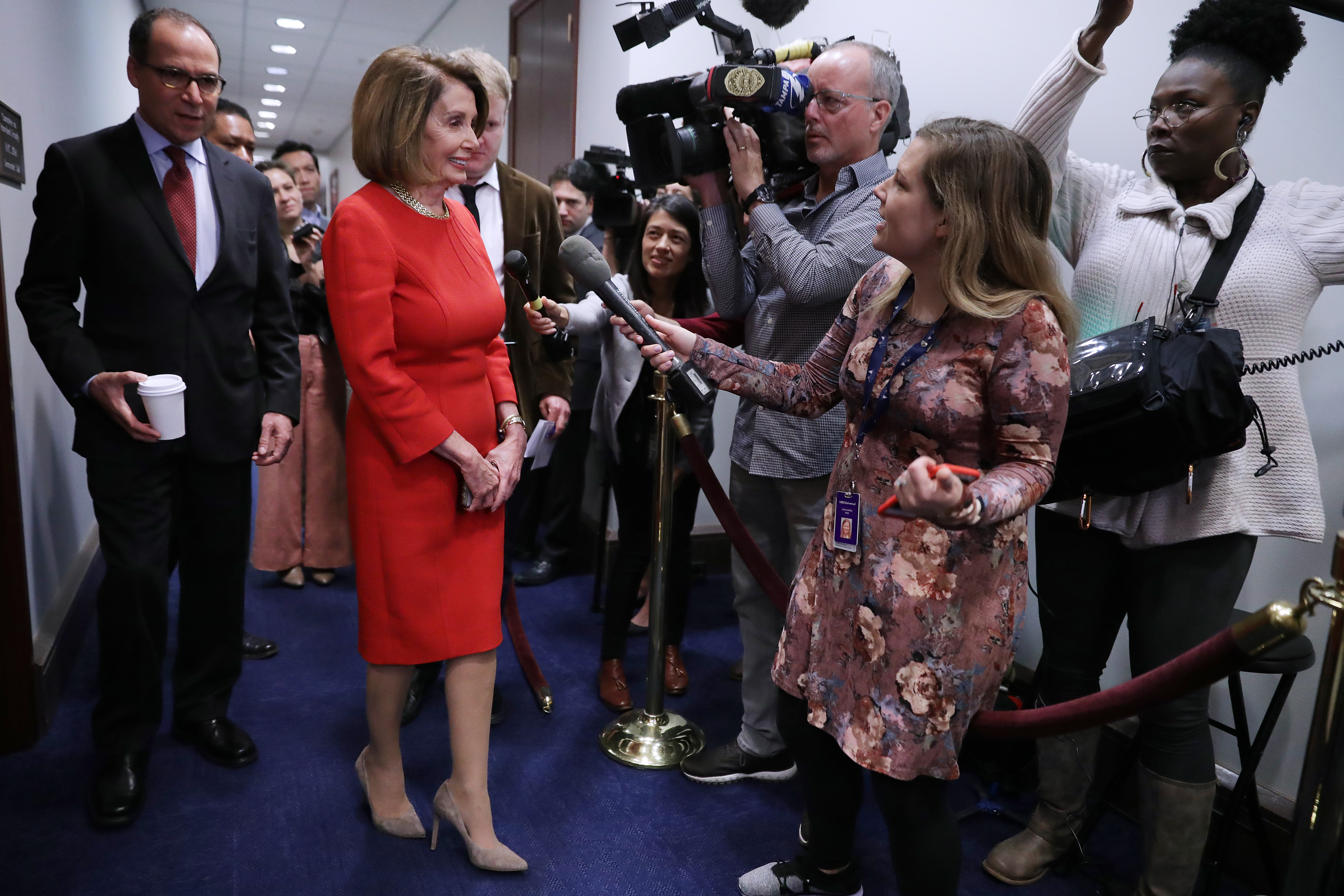 WASHINGTON, DC - NOVEMBER 14: House Minority Leader Nancy Pelosi (D-CA) talks to journalists before heading into a Democratic caucus meeting in the U.S. Capitol Visitors Center November 14, 2018 in Washington, DC. Democrats gained 33 seats in the House of Representatives in the midterm elections so far and appear on track to gain between 35 and 40 once all the counting is complete, putting them in control of the chamber in 2019. (Photo by Chip Somodevilla/Getty Images)