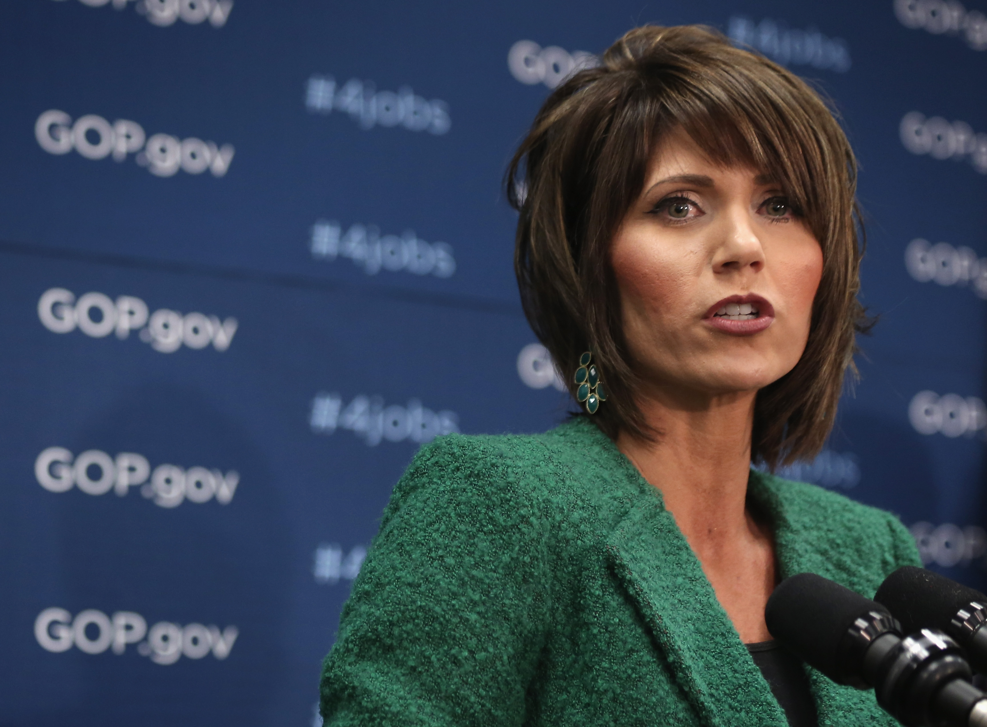 WASHINGTON, DC - JANUARY 14: U.S. Rep. Kristi Noem (R-SD) speaks during a news briefing after a House Republican Conference meeting January 14, 2014 on Capitol Hill in Washington, DC. Congressional negotiators have reached to an agreement of a $1.1 trillion spending bill to avoid another government shutdown when the current funding ends tomorrow. (Photo by Alex Wong/Getty Images)