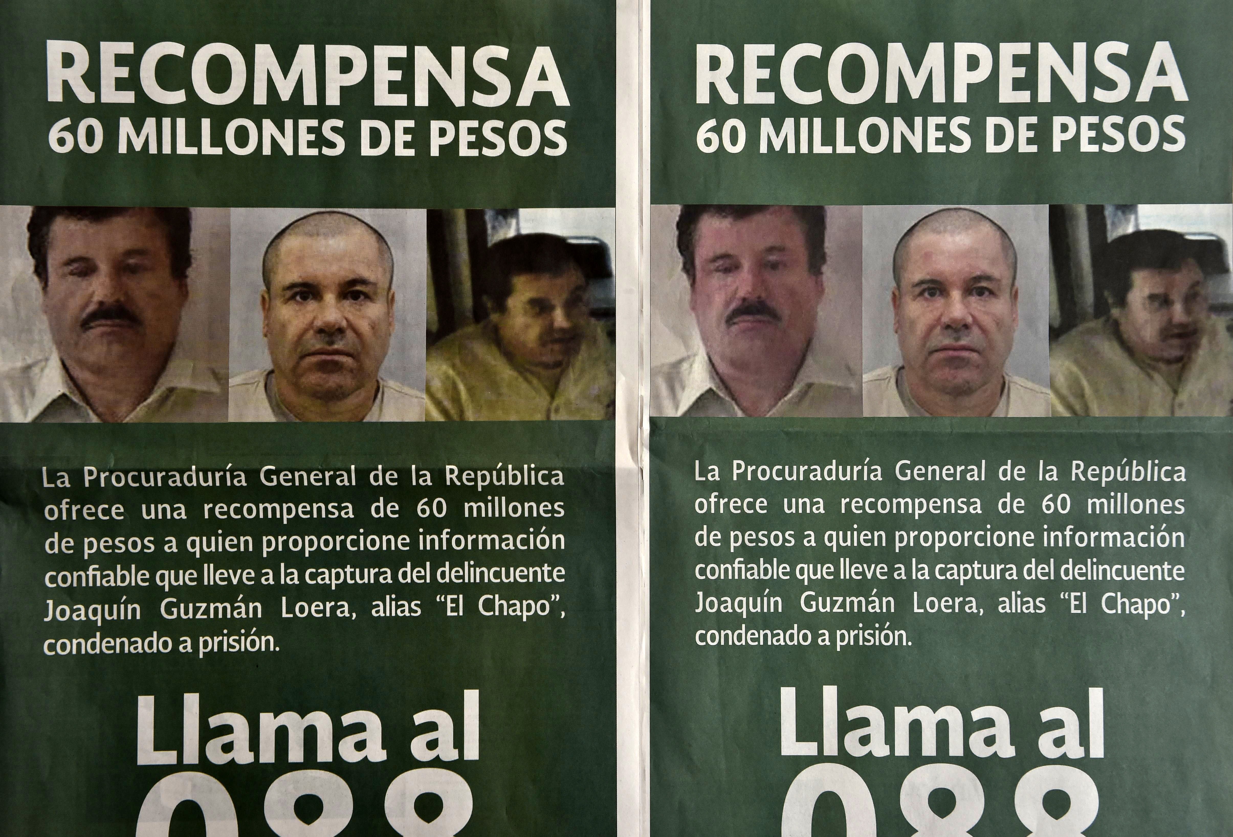 Photo of notices published in newspapers offering 60 million Mexican pesos (3.8 USD approximately) reward to anyone with information leading to the recapture of Joaquin "El Chapo" Guzman Loera in Mexico City on July 16, 2015. YURI CORTEZ/AFP/Getty Images