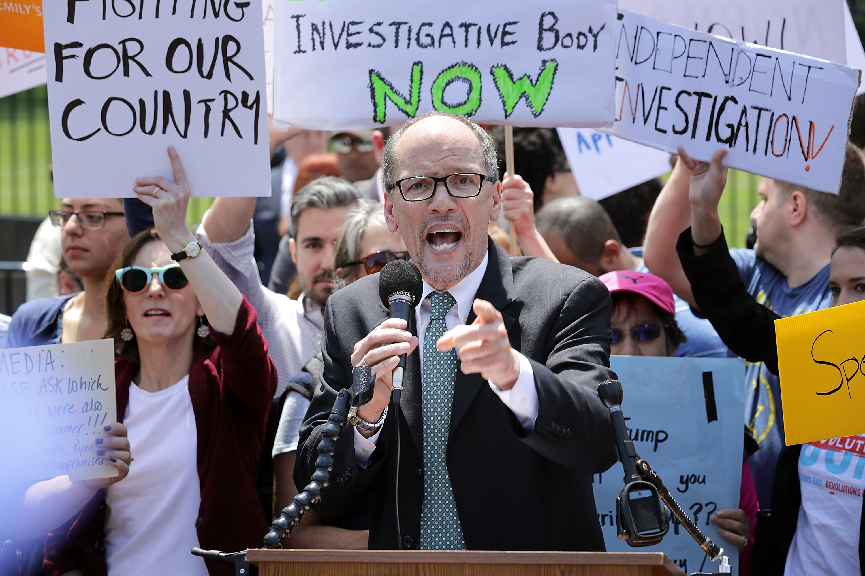 WASHINGTON, DC - MAY 10: Democratic National Party Chirman Tom Perez speaks as about 300 people rally to protest against President Donald Trump's firing of Federal Bureau of Investigation Director James Comey outside the White House May 10, 2017 in Washington, DC. Trump fired Comey a day earlier, calling it the 'Tuesday Night Massacre,' recalling former President Richard Nixon's firing of a independent special prosecutor. (Photo by Chip Somodevilla/Getty Images)