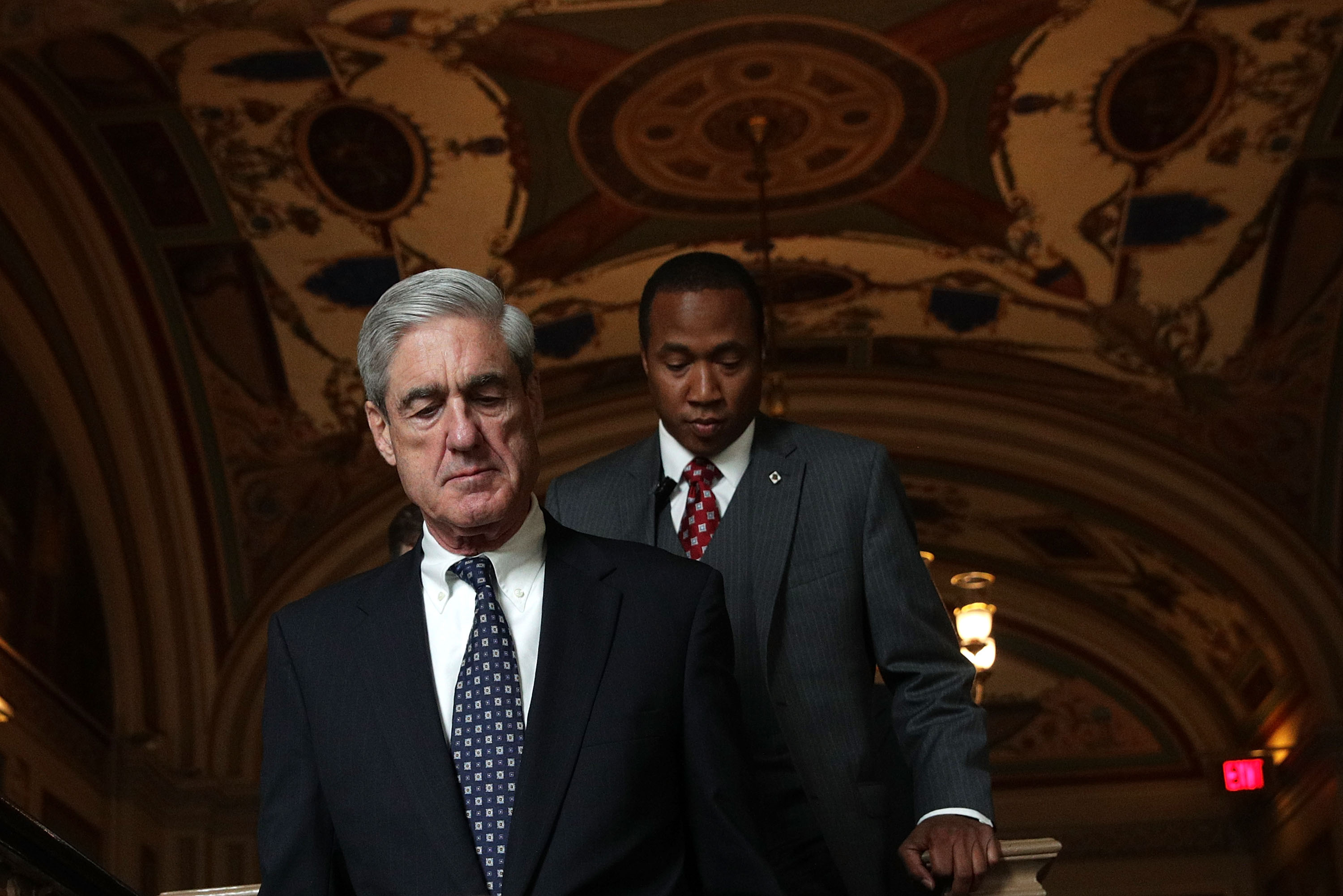WASHINGTON, DC - JUNE 21: Special counsel Robert Mueller (L) arrives at the U.S. Capitol for closed meeting with members of the Senate Judiciary Committee June 21, 2017 in Washington, DC. The committee meets with Mueller to discuss the firing of former FBI Director James Comey. (Photo by Alex Wong/Getty Images)