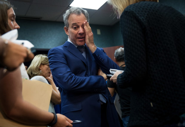 NEW YORK, NY - AUGUST 3: New York State Attorney General Eric Schneiderman pauses while speaking to reporters following a press conference to call for an end of Immigration and Customs Enforcement (ICE) raids in New York state courts, August 3, 2017 in the Brooklyn borough of New York City. During remarks, Attorney General Schneiderman stated that 'targeting immigrants at our courthouses undermines our criminal justice system and threatens public safety.' (Photo by Drew Angerer/Getty Images)